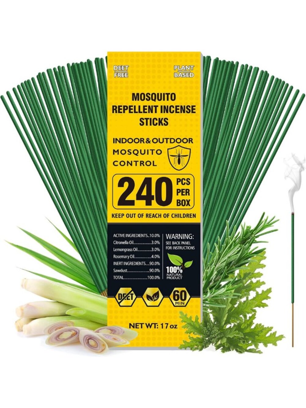 Natural Citronella Mosquito Repellent Sticks - 240 PCS, DEET-Free, Safe for Home